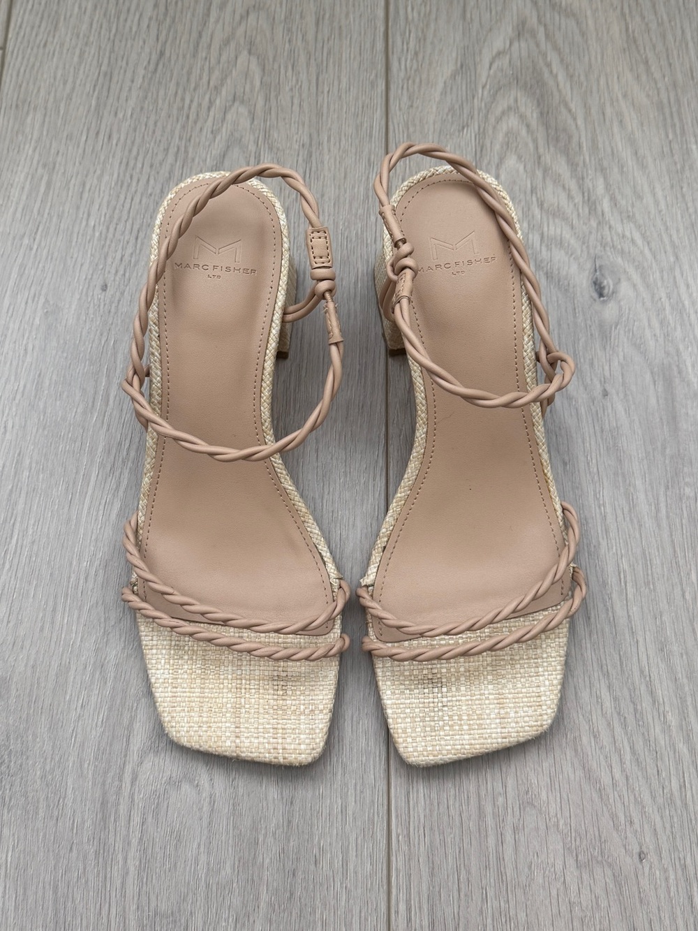 Marc Fisher Nude Braided Strap Raffia Sandals